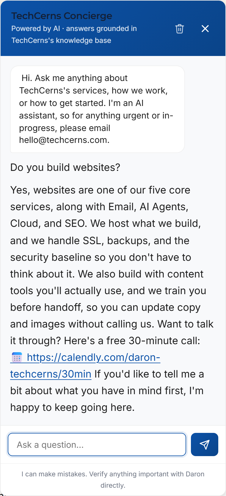 Real TechCerns Concierge conversation: visitor asks 'Do you build websites?' and the bot explains the five service lines, hosting, training, and offers a 30-minute call.