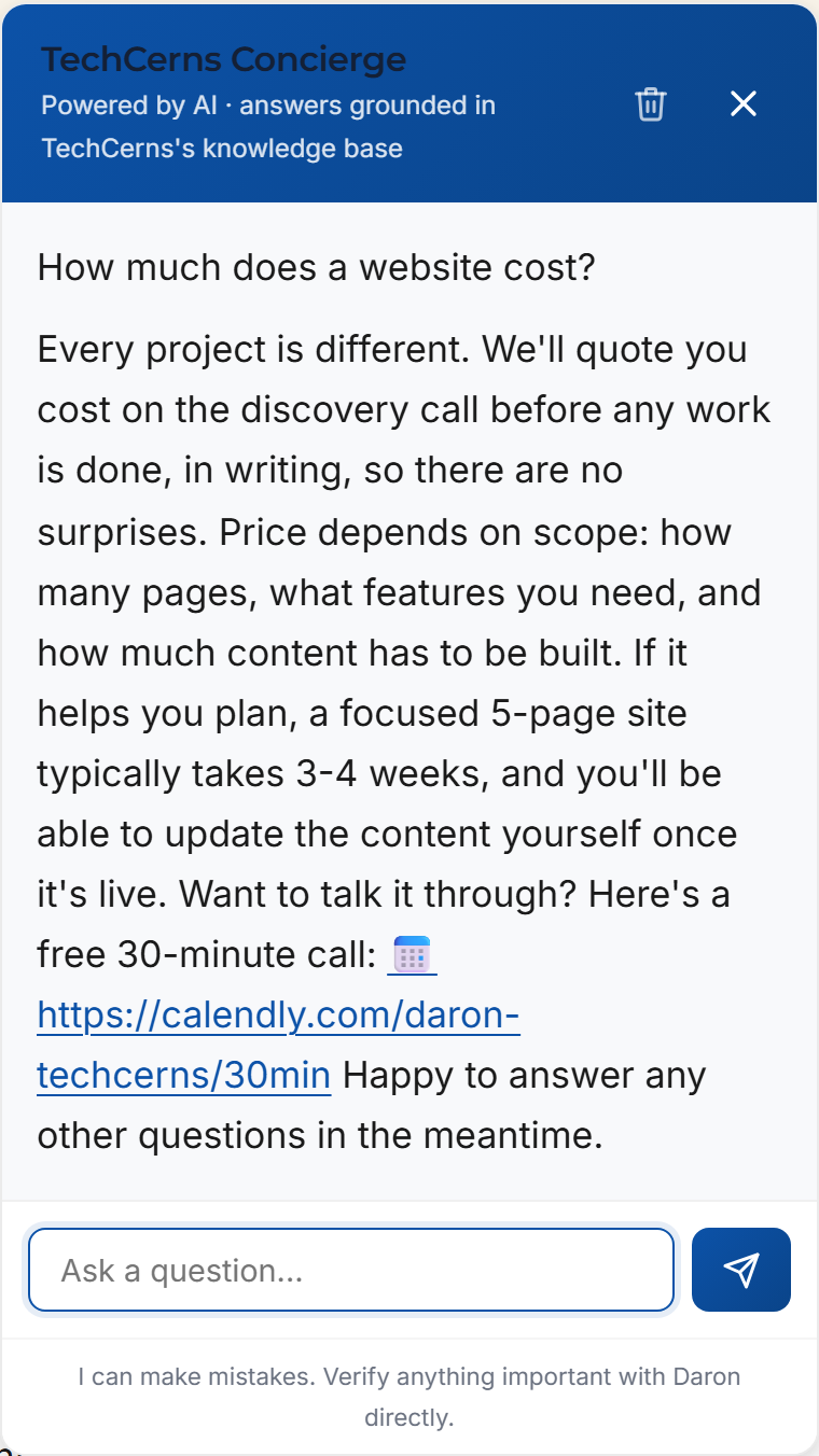 Real TechCerns Concierge conversation: visitor asks 'How much does a website cost?' and the bot defers to a discovery call, explains scope-based pricing, and offers a 30-minute call.